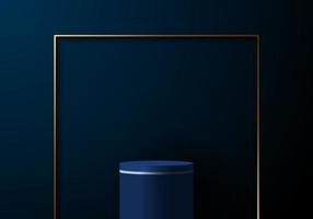 Marco cuadrado dorado elegante cilindro azul 3d sobre fondo azul oscuro vector