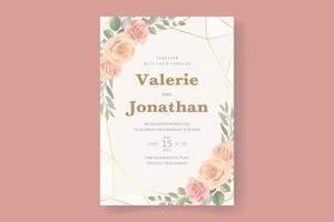 Plantilla de invitación de boda con hermosas flores y hojas. vector