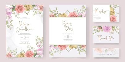 Diseño de tarjeta de invitación de boda floral suave y hojas. vector