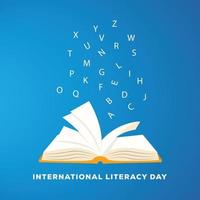 banner del día internacional de la alfabetización con libro abierto y alfabeto volador