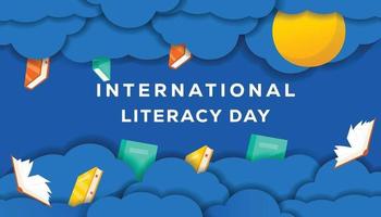 Fondo del día internacional de la alfabetización con adornos en estilo de papel cortado vector