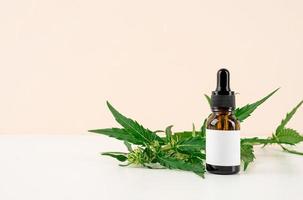 Cbd oil and cannabis leaves cosmetics front view on orange background photo