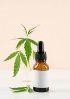 Cbd oil and cannabis leaves cosmetics front view on orange background photo