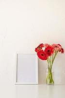 Red gerbera flowers with a blank white frame on white background photo