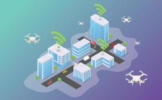 drone technology flying in top of smart city with isometric vector