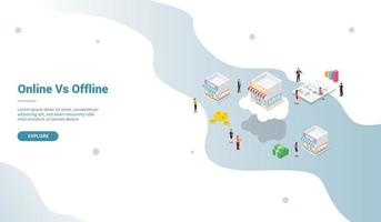 online vs offline store business comparison with modern isometric vector