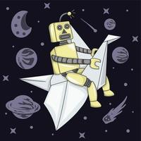 Robot flying using paper airplane in space illustration