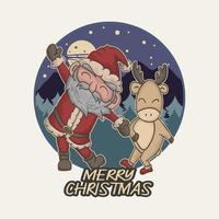 Cute santa and cute deer dancing together premium vector illustration