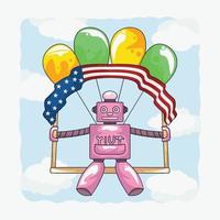 Flying robot character with balloons to celebrate America's birthday
