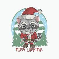 Cute raccoon in Christmas costume carrying a dream Christmas stick