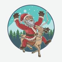 Old santa claus rides a deer when it is snowing premium vector