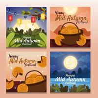 tarjetas felices del festival del medio otoño con linterna y pastel de luna vector