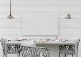 Kitchen with cooking utensils and wall frames, 3D style. photo