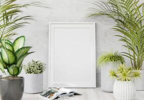 3D living room and furniture with blank photo frame
