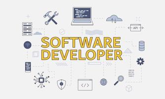 Concepto de desarrollo de software con conjunto de iconos con gran palabra vector