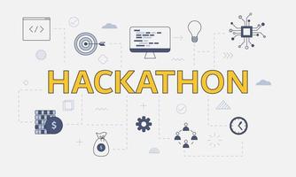 concepto de hackathon con conjunto de iconos con palabra grande vector