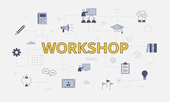 workshop concept with icon set with big word or text on center vector