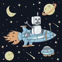 Robot flying around space using space rocket illustration vector