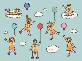 children are holding balloons and flying in the sky. vector
