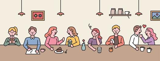 People are chatting while sitting in a row at a table in a cafe. vector