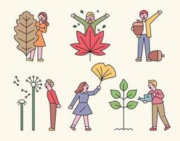 People are holding huge autumn plants. vector