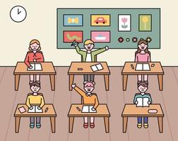 Cute students studying in the classroom. vector