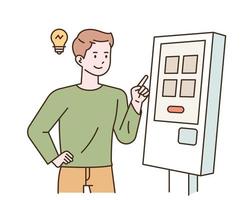 A man is pressing a kiosk button. vector