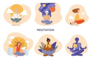 la gente está haciendo meditación para calmar la mente. vector