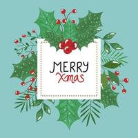 merry christmas poster with leafs decorative vector