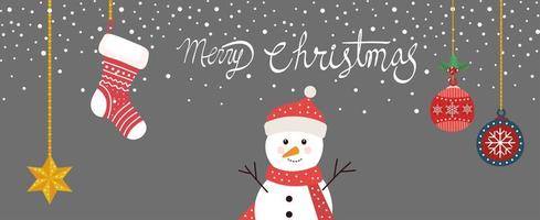 cartel de feliz navidad con muñeco de nieve y decoración colgando vector