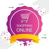 etiqueta comercial con letras de compras en línea y carrito de compras vector