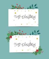 set poster merry christmas with leafs decorative vector