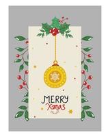 merry christmas poster with ball hanging and leafs decorative vector