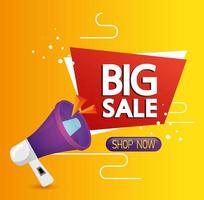 commercial label with big sale offer lettering and megaphone vector