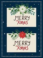 set poster merry christmas with flowers and leafs vector