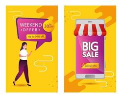 set of commercial labels weekend offer lettering vector