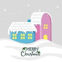 merry christmas poster with houses facades vector