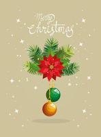 merry christmas poster with flower and balls hanging vector