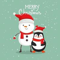 cartel de feliz navidad con muñeco de nieve y pingüino vector