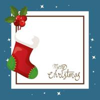 merry christmas card with sock hanging and square frame vector