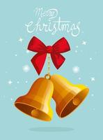 merry christmas poster with bells and bow ribbon vector