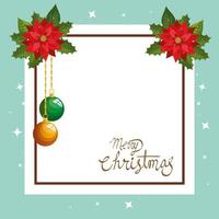 merry christmas card with flowers decoration and square frame vector