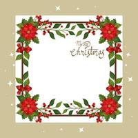 merry christmas card with frame of leafs and flowers vector