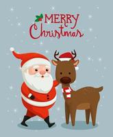 merry christmas poster with santa claus and reindeer vector