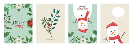 set poster of merry christmas with leafs and snowmen vector