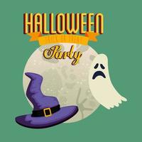 poster of party halloween with ghost and hat witch vector