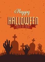 cartel feliz halloween con manos zombie en cementerio vector