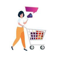 beautiful woman with cart shopping and megaphone vector