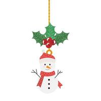 merry christmas snowman hanging with leafs and seeds vector