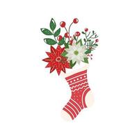 Calcetín decorativo navideño con flores icono aislado vector